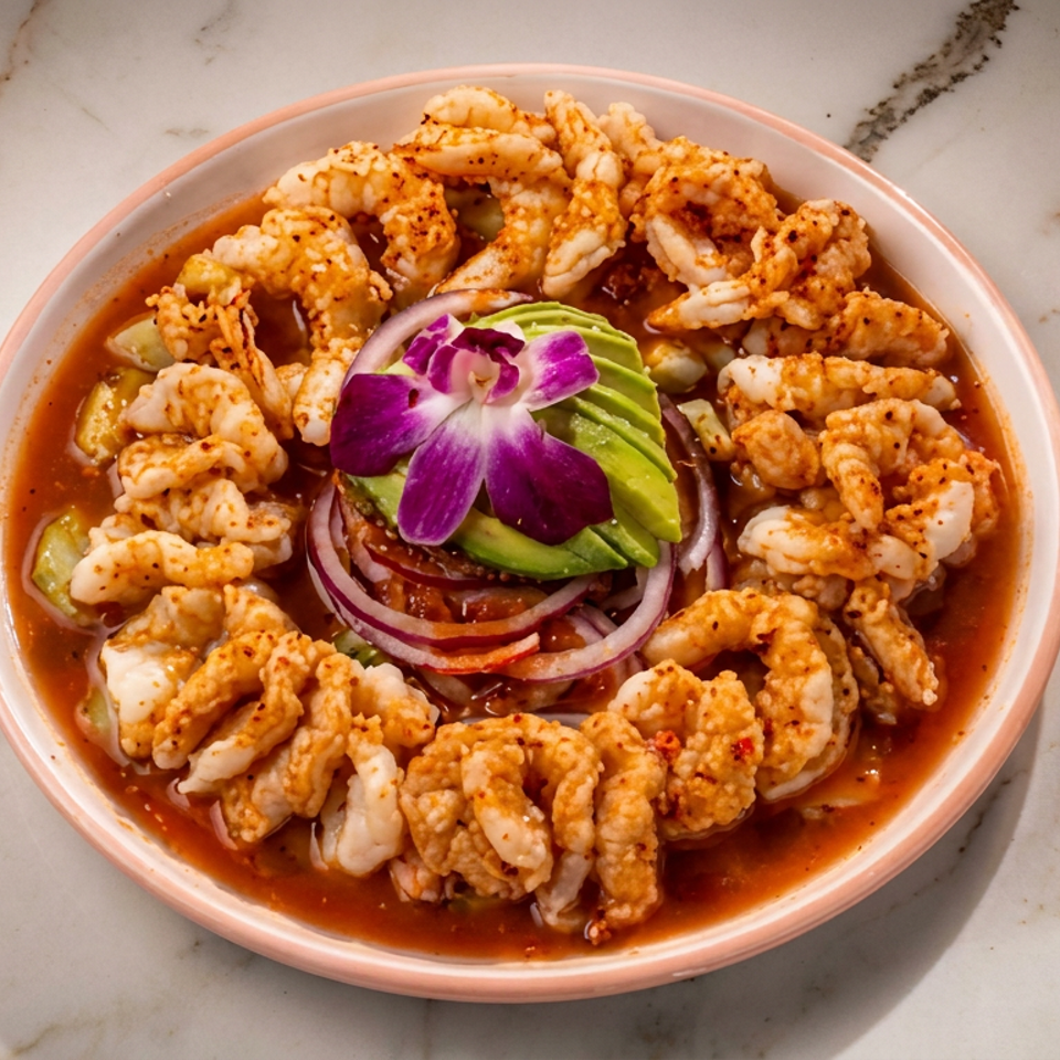 Plate of crispy fried seafood in red sauce, topped with avocado slices, red onion, and a purple edible flower.