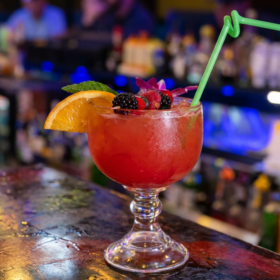 Red fruit cocktail garnished with orange, berries, mint, and a green straw on a colorful bar counter.