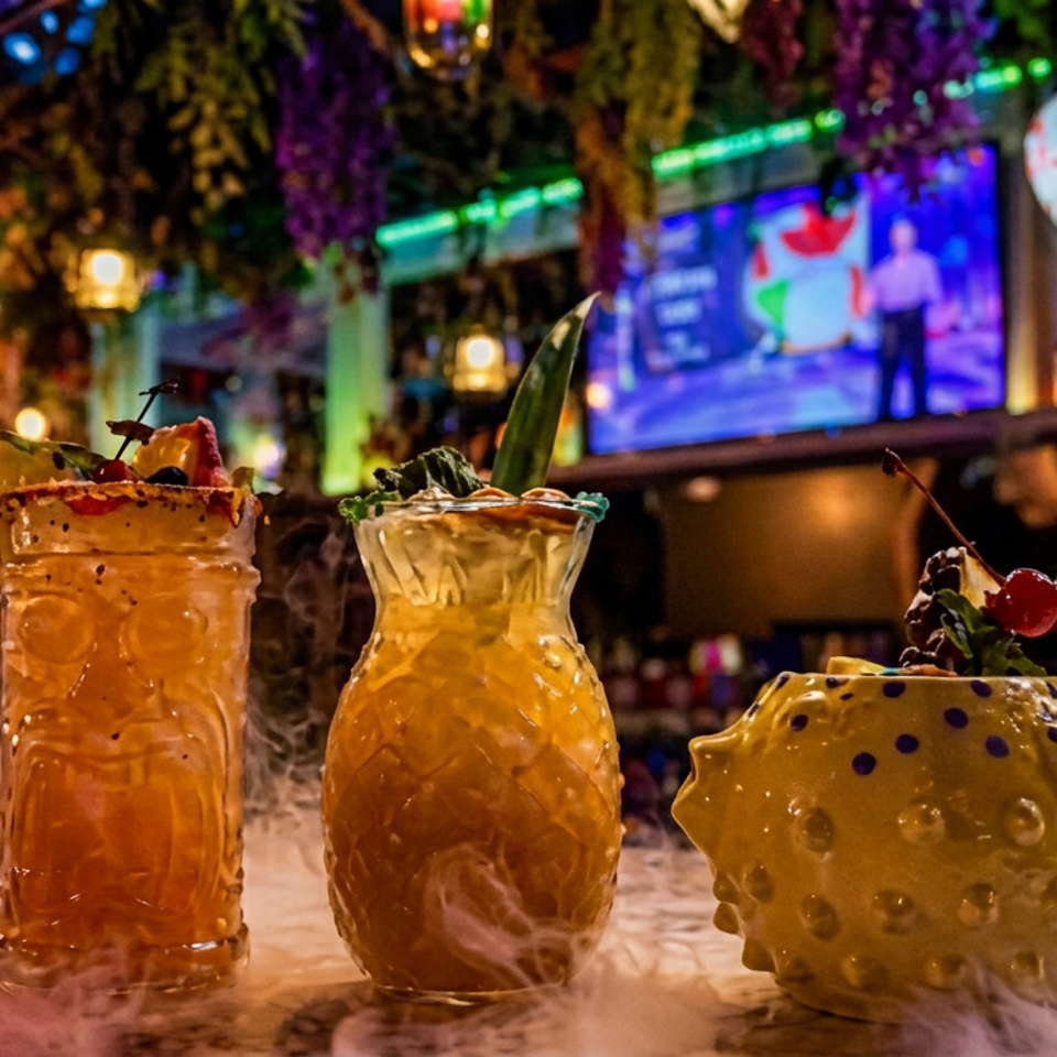 Three elaborate tropical cocktails sit on a bar, including a pineapple drink, pineapple-shaped vessel, and cherry garnish amid colorful lounge lighting.