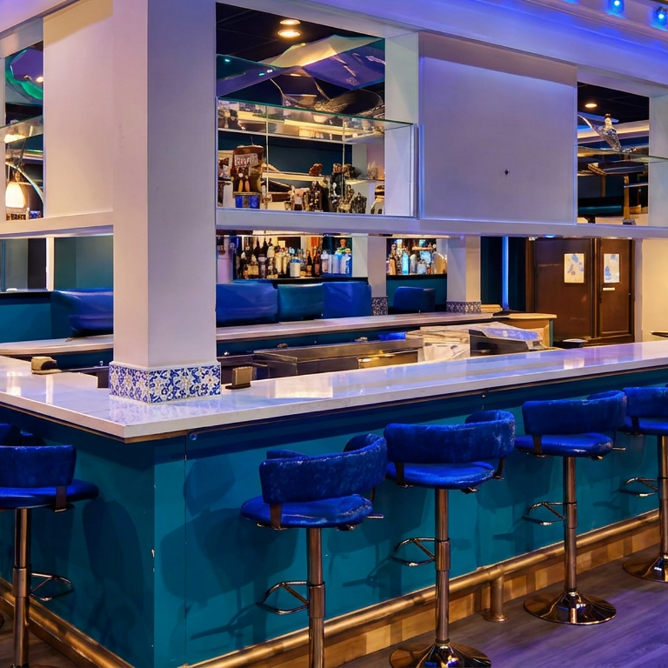 Vibrant restaurant bar with blue velvet stools, white marble counter, mirrored shelving, colorful wall art, and blue ambient lighting.
