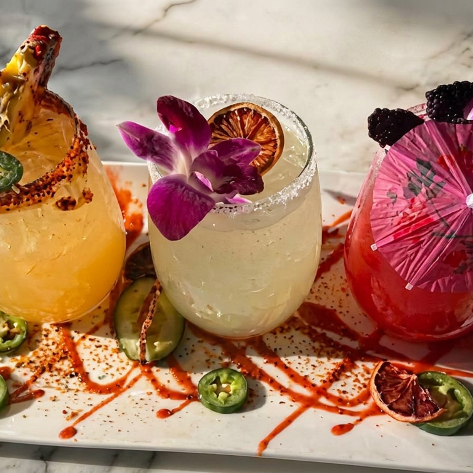 Three colorful cocktails garnished with citrus, jalapeños, flowers, berries, and umbrellas sit on a sauced rectangular platter.