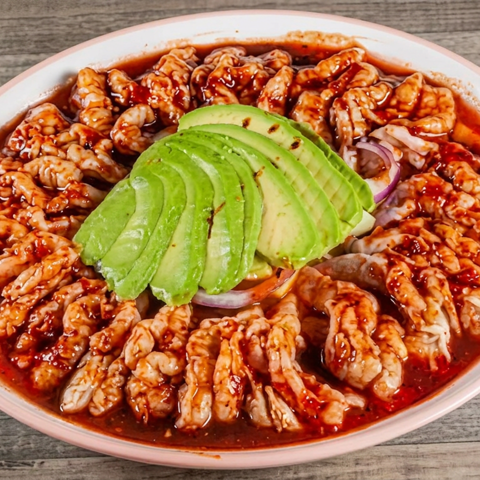 Plate of shrimp in red sauce topped with sliced avocado and onions on a rustic wooden table.