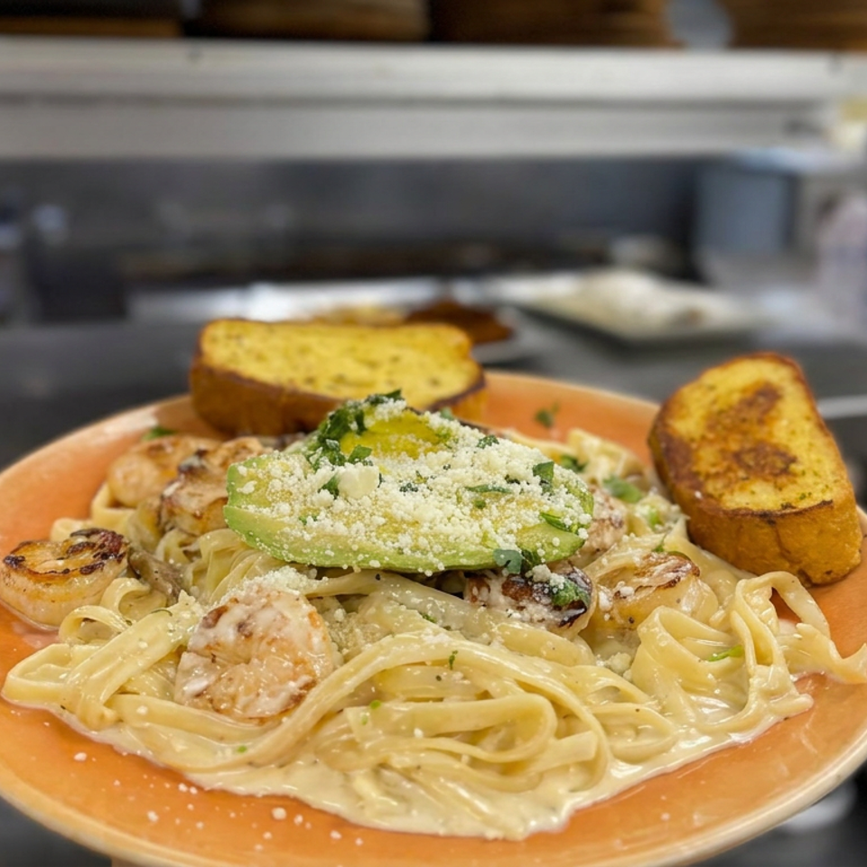 Creamy seafood fettuccine with shrimp, mussels, avocado, grated cheese, and toasted garlic bread on an orange plate.