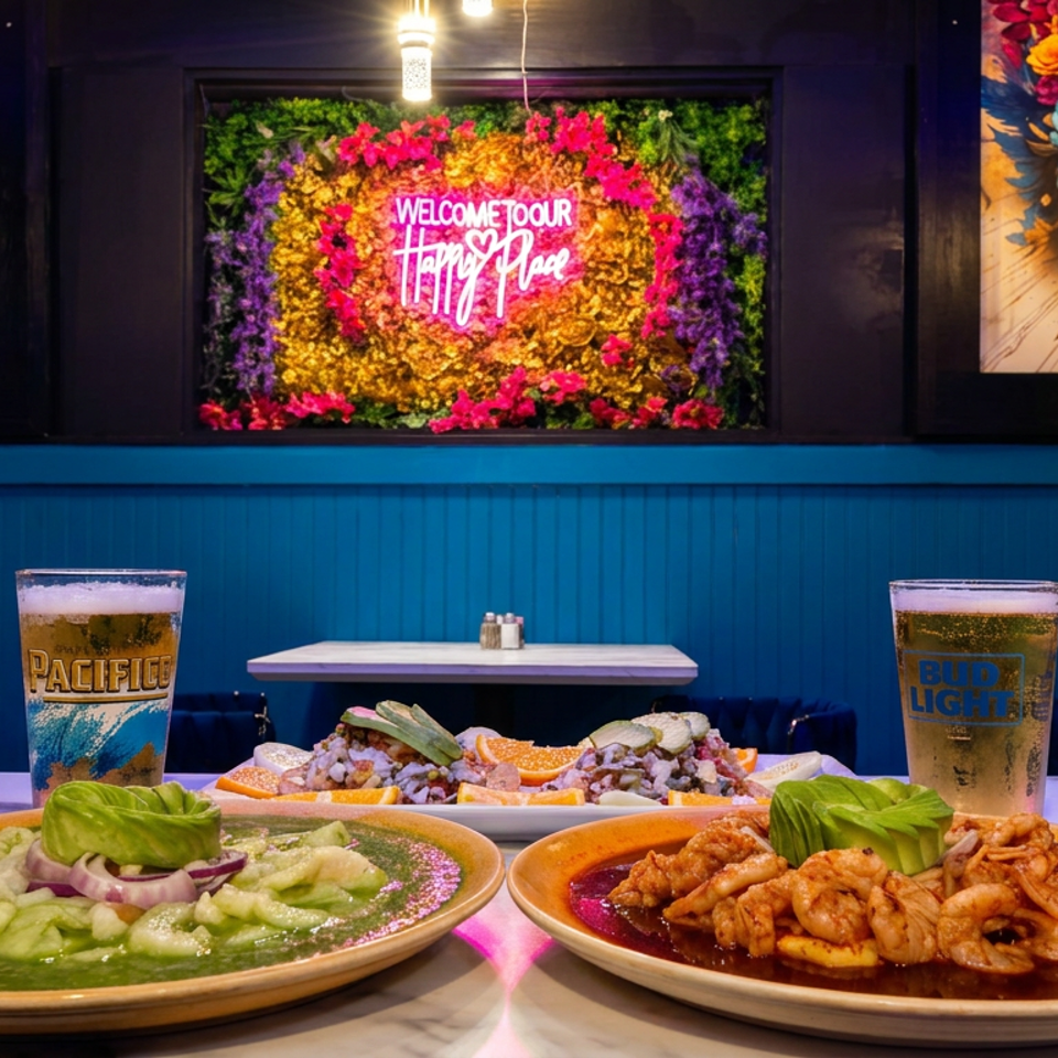 Colorful restaurant table featuring plated Mexican dishes, Pacifico and Bud Light beers, and vibrant floral artwork.