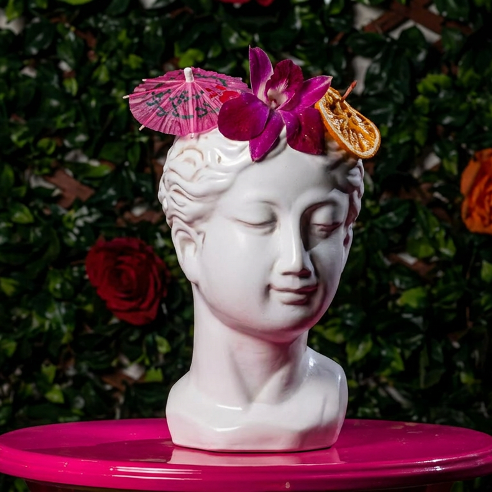 White classical bust adorned with a pink cocktail umbrella, purple orchid, and dried citrus slice against a leafy floral backdrop.