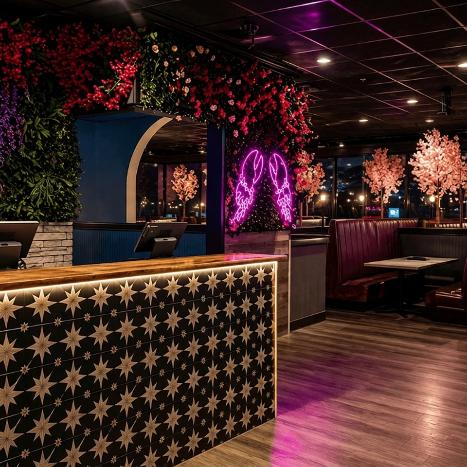 Upscale restaurant interior with star-patterned host stand, colorful floral wall, neon bunny sign, and pink blossom-lit booths.