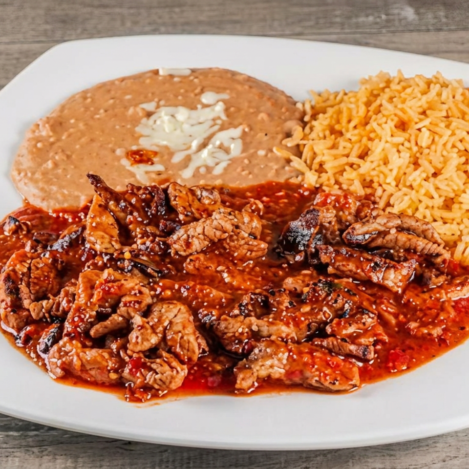 Mexican plate with grilled meat in red sauce, refried beans topped with cream, and orange rice on a white platter.