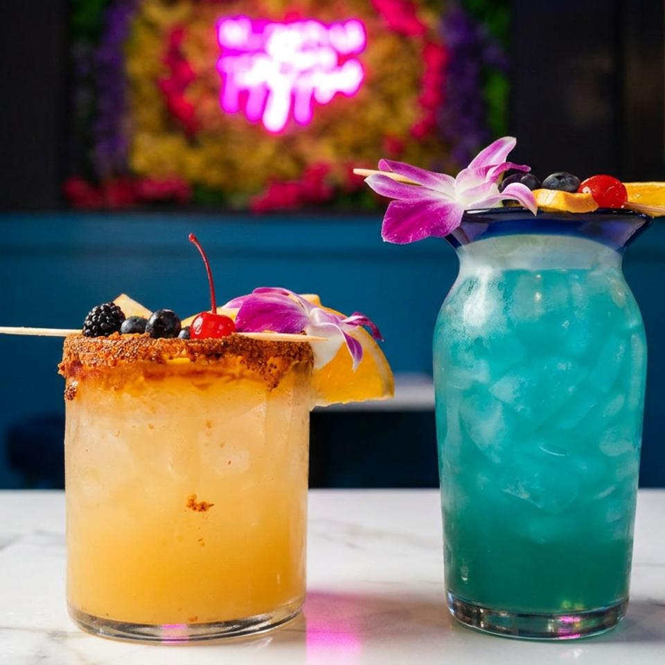 Two colorful tropical cocktails garnished with fruit and orchids sit on a marble bar in a vibrant restaurant.